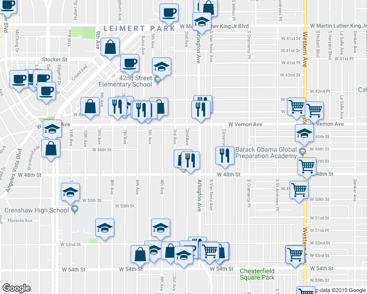 map of restaurants, bars, coffee shops, grocery stores, and more near 4523 2nd Avenue in Los Angeles