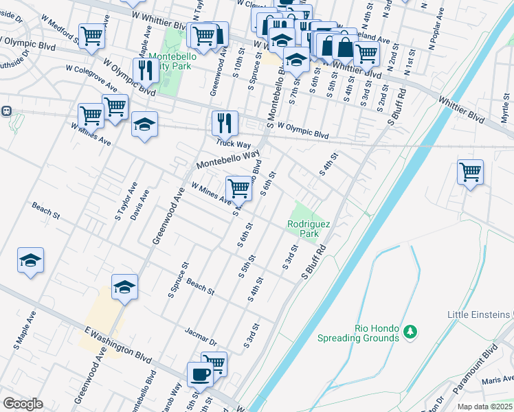 map of restaurants, bars, coffee shops, grocery stores, and more near 555 S 6th St in Montebello