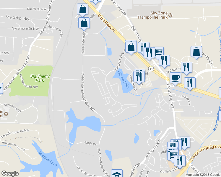 map of restaurants, bars, coffee shops, grocery stores, and more near 2077 Lakeshore Overlook Drive in Kennesaw