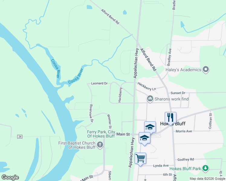 map of restaurants, bars, coffee shops, grocery stores, and more near 2643 Tanglewood Trail West in Hokes Bluff