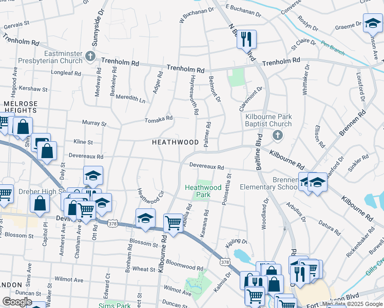 map of restaurants, bars, coffee shops, grocery stores, and more near 3816 Kilbourne Road in Columbia