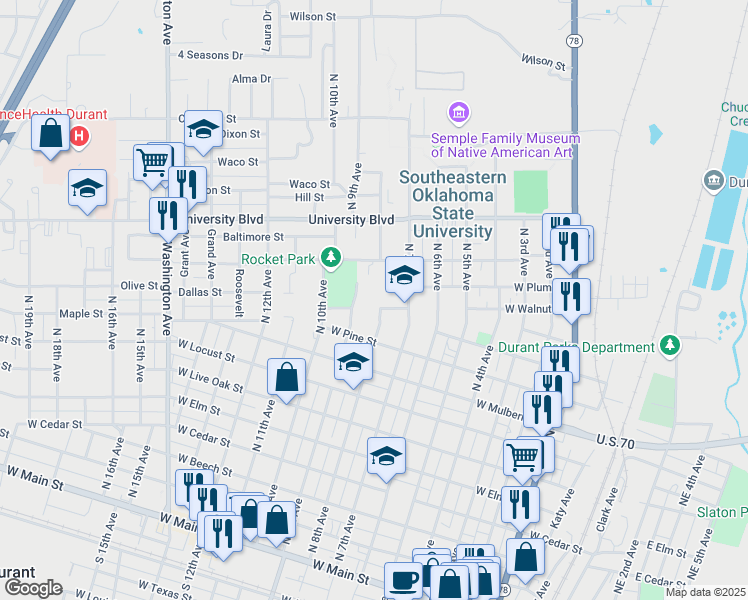 map of restaurants, bars, coffee shops, grocery stores, and more near 802 West Walnut Street in Durant