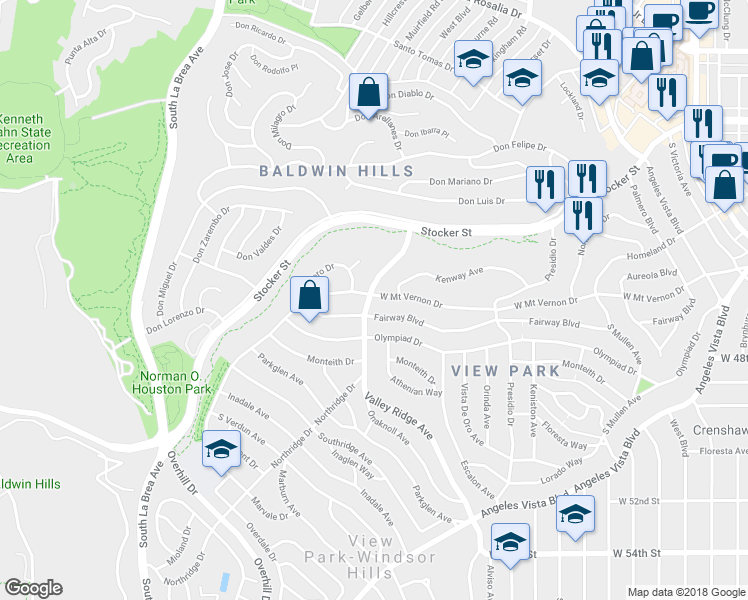 map of restaurants, bars, coffee shops, grocery stores, and more near 4180 West Mount Vernon Drive in Los Angeles
