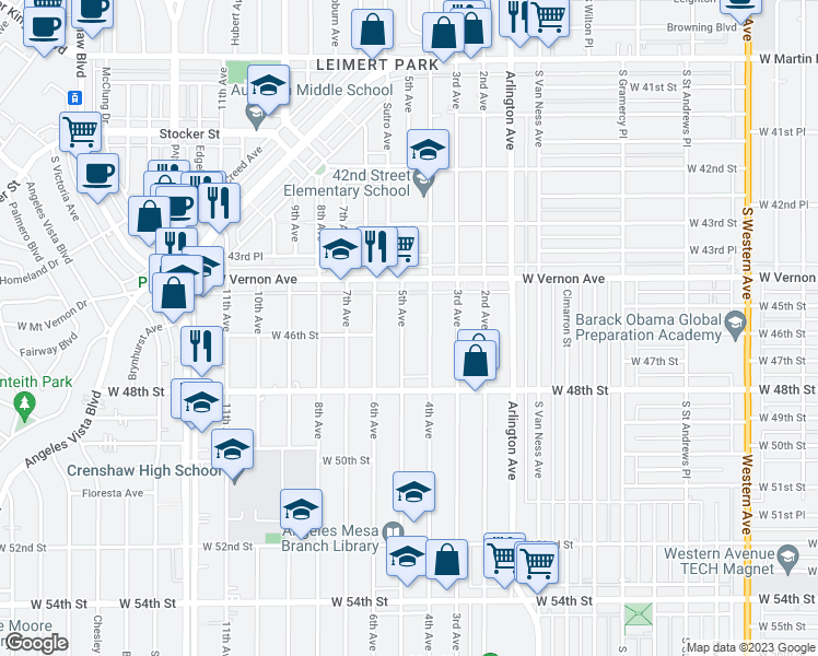 map of restaurants, bars, coffee shops, grocery stores, and more near 4522 5th Avenue in Los Angeles