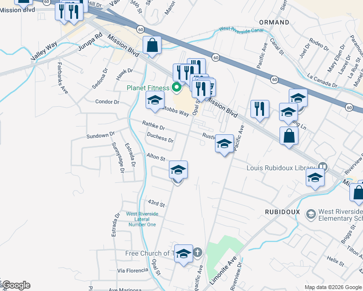 map of restaurants, bars, coffee shops, grocery stores, and more near 4041 Opal Street in Riverside