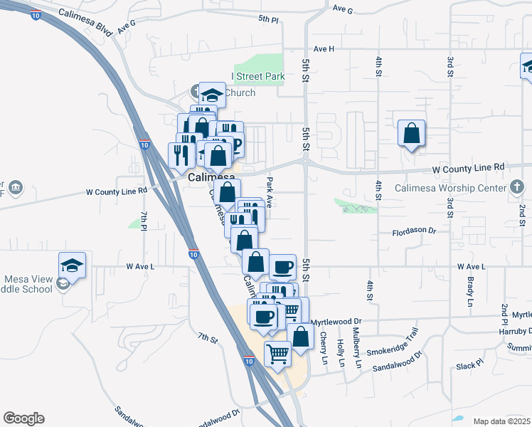 map of restaurants, bars, coffee shops, grocery stores, and more near 992 Park Avenue in Calimesa