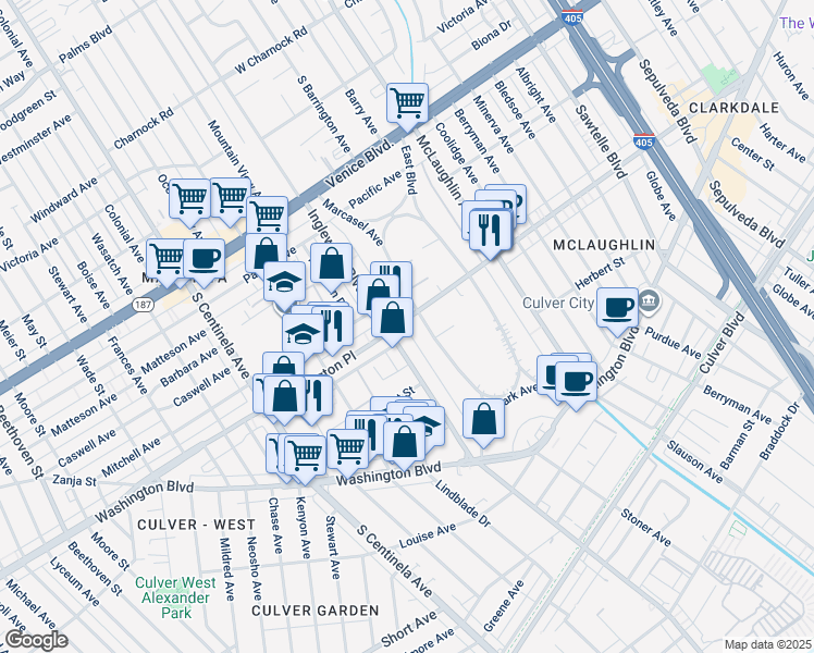 map of restaurants, bars, coffee shops, grocery stores, and more near 11900 Washington Place in Los Angeles