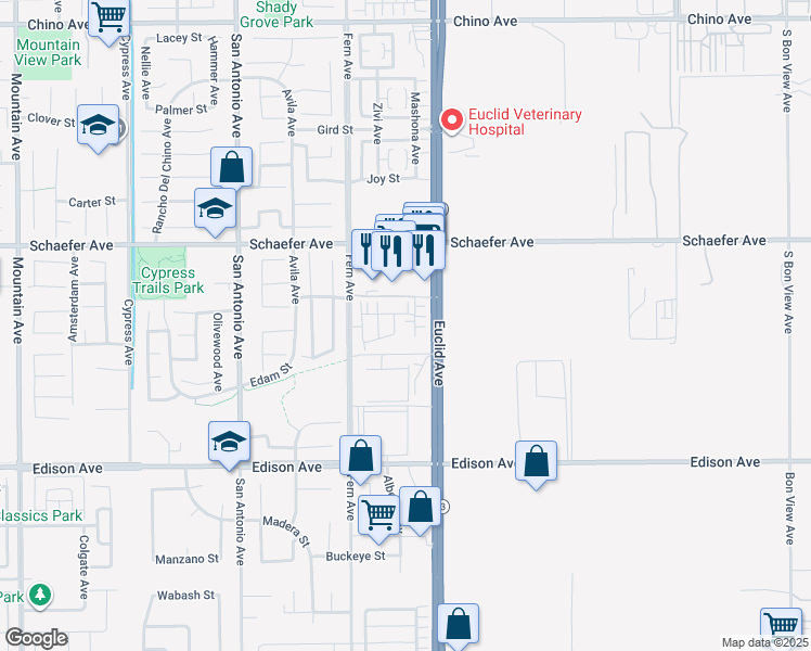 map of restaurants, bars, coffee shops, grocery stores, and more near 13846 Farmhouse Avenue in Chino