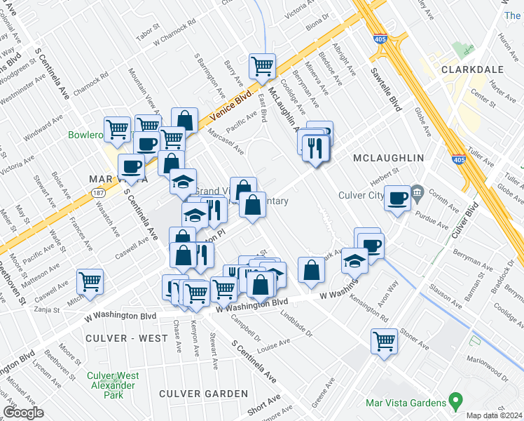 map of restaurants, bars, coffee shops, grocery stores, and more near 11900 Washington Place in Los Angeles