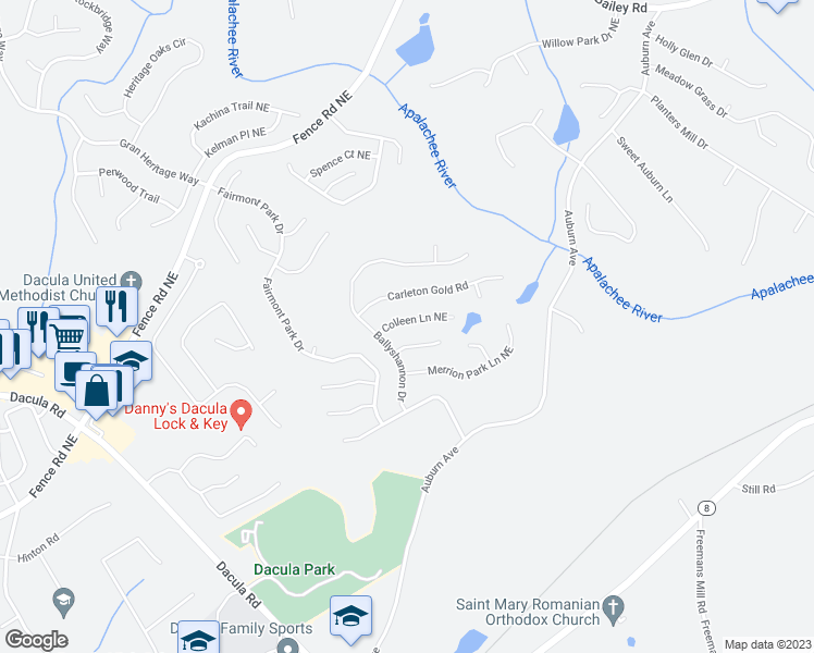 map of restaurants, bars, coffee shops, grocery stores, and more near 2641 Colleen Lane Northeast in Dacula