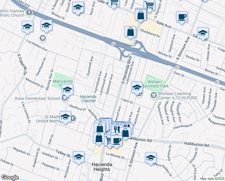 map of restaurants, bars, coffee shops, grocery stores, and more near 15716 Ragley Street in Hacienda Heights