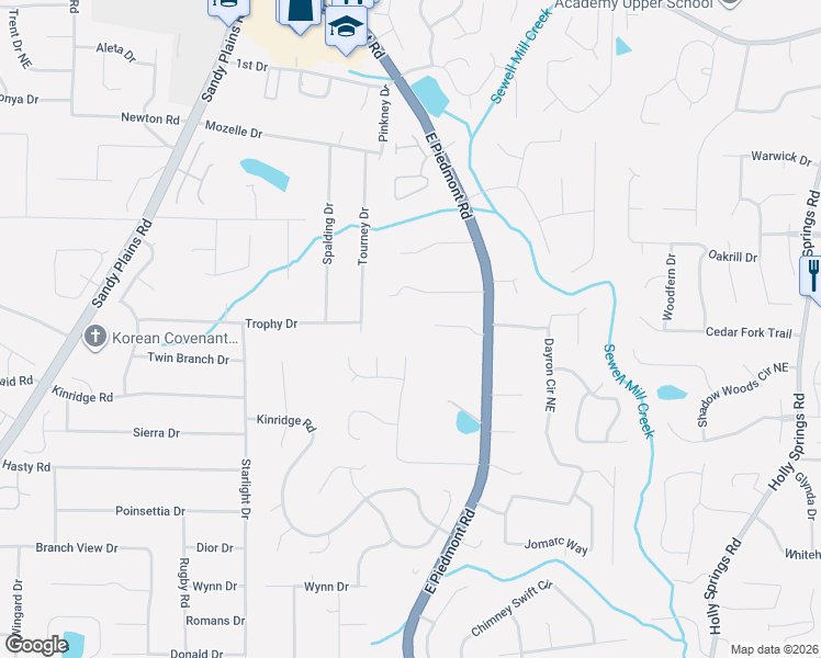 map of restaurants, bars, coffee shops, grocery stores, and more near 2205 Birchtree Way in Marietta