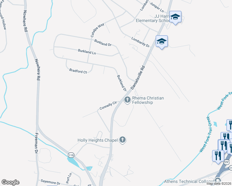 map of restaurants, bars, coffee shops, grocery stores, and more near 1815 Danielsville Road in Athens