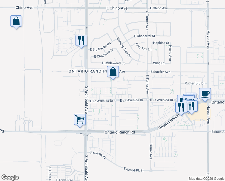 map of restaurants, bars, coffee shops, grocery stores, and more near 3923 Toronto Paseo in Ontario