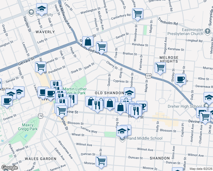 map of restaurants, bars, coffee shops, grocery stores, and more near 917 Queen Street in Columbia