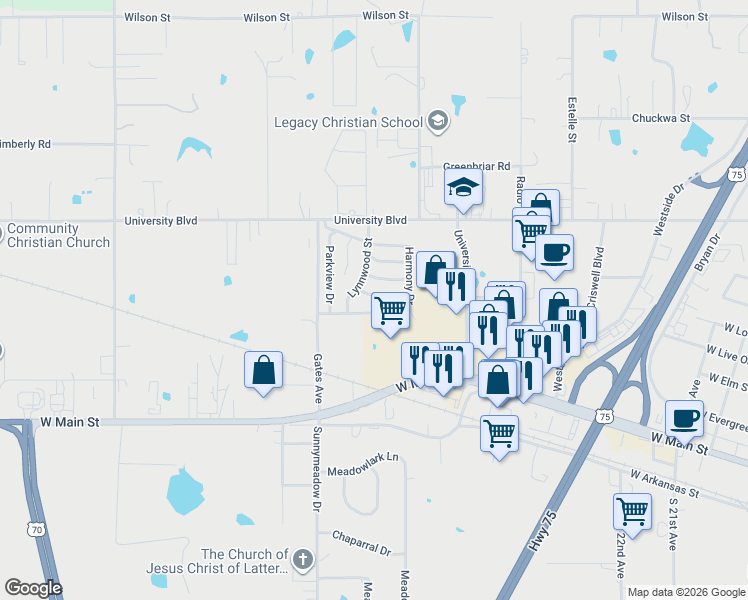 map of restaurants, bars, coffee shops, grocery stores, and more near 3611 Dawna Street in Durant