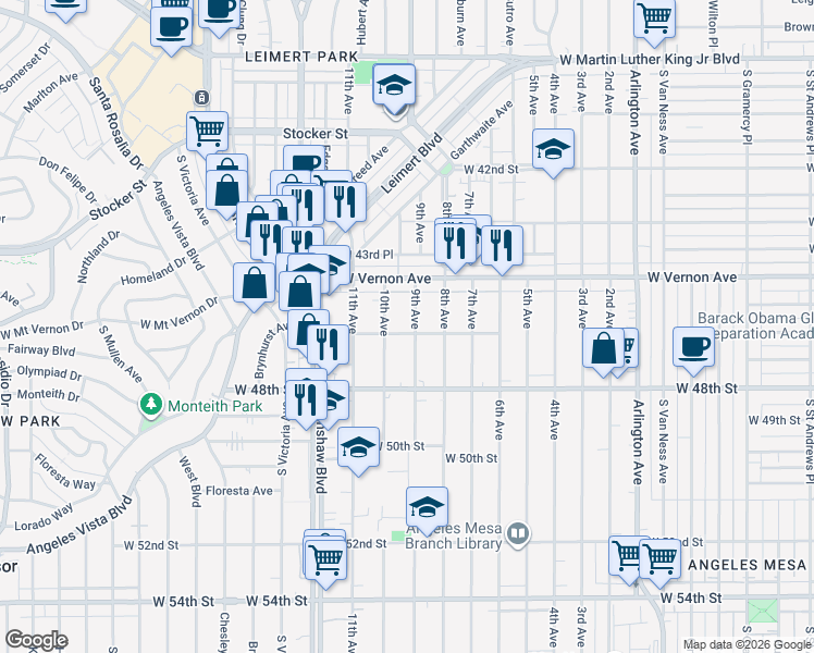 map of restaurants, bars, coffee shops, grocery stores, and more near 4519 9th Avenue in Los Angeles