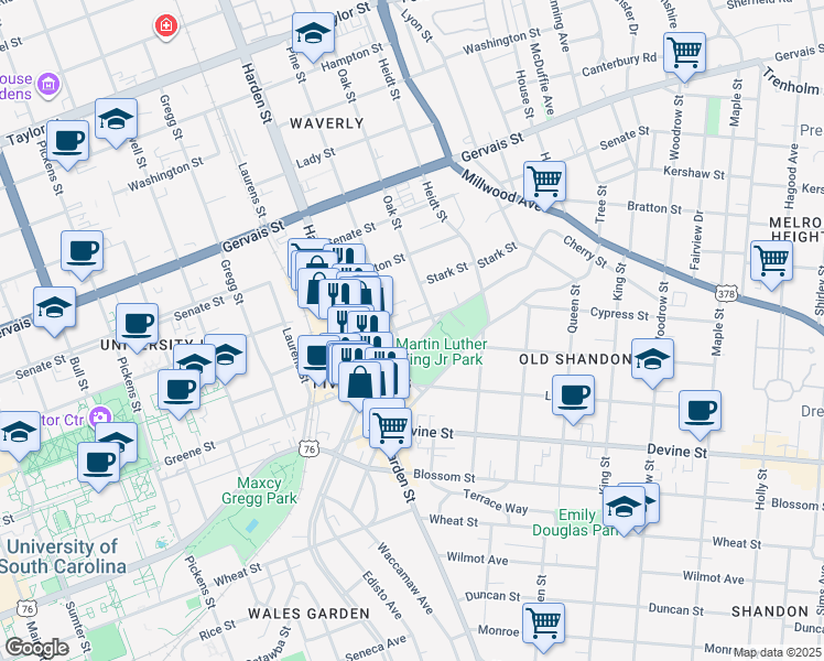 map of restaurants, bars, coffee shops, grocery stores, and more near 2210 College Street in Columbia