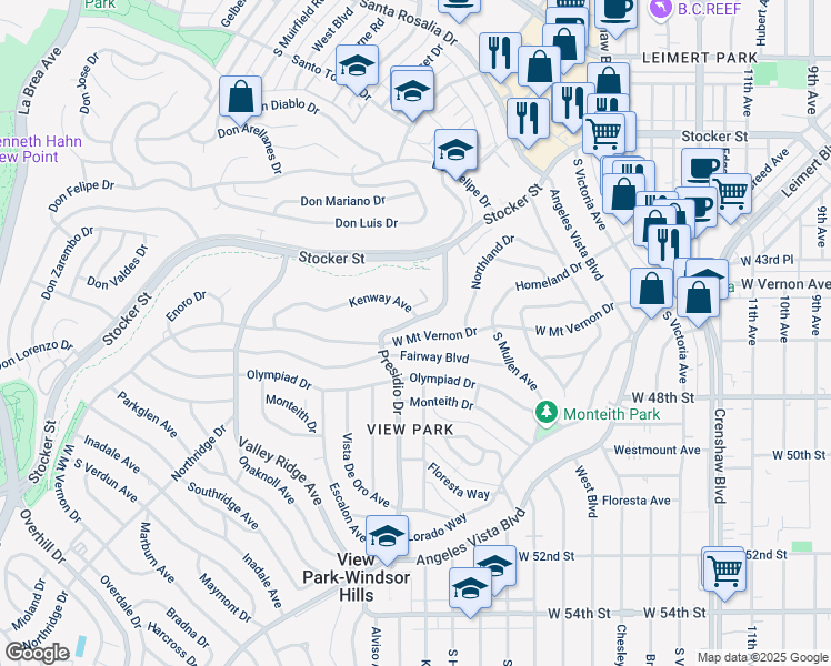 map of restaurants, bars, coffee shops, grocery stores, and more near 3887 West Mount Vernon Drive in Los Angeles
