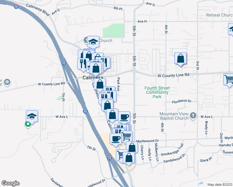 map of restaurants, bars, coffee shops, grocery stores, and more near 992 Park Avenue in Calimesa