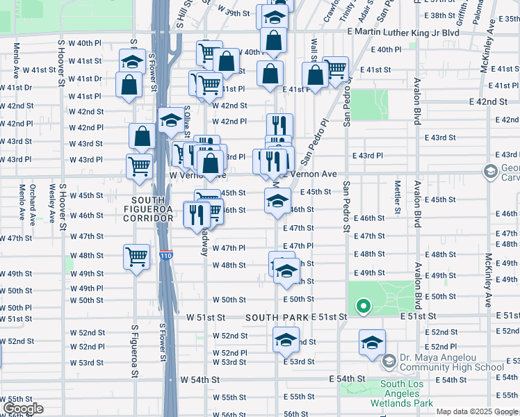 map of restaurants, bars, coffee shops, grocery stores, and more near 127 1/2 West 46th Street in Los Angeles