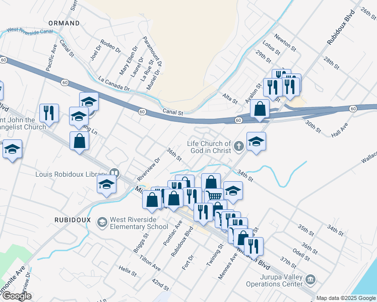 map of restaurants, bars, coffee shops, grocery stores, and more near 3476 Smith Street in Jurupa Valley