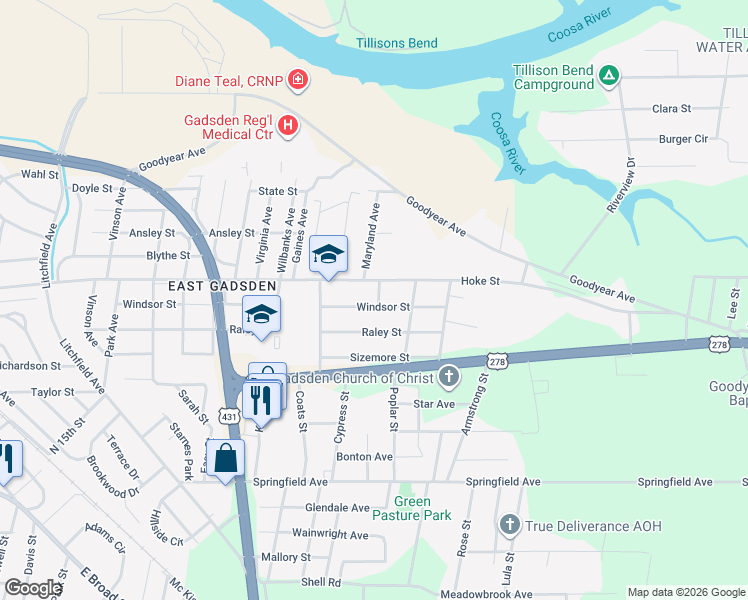 map of restaurants, bars, coffee shops, grocery stores, and more near 1120 Windsor Street in Gadsden