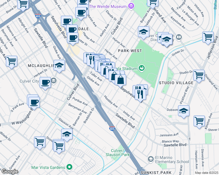 map of restaurants, bars, coffee shops, grocery stores, and more near 11226 Braddock Drive in Culver City