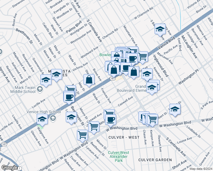 map of restaurants, bars, coffee shops, grocery stores, and more near 12530 Venice Boulevard in Los Angeles