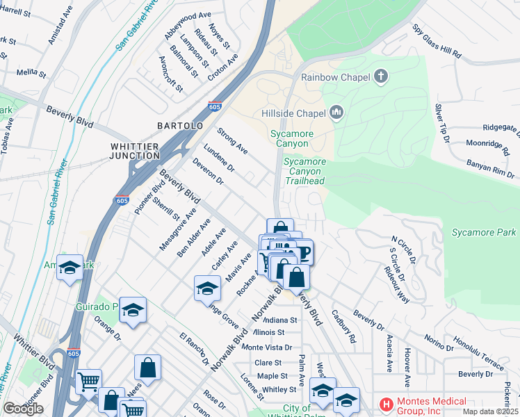 map of restaurants, bars, coffee shops, grocery stores, and more near 10459 Deveron Drive in Whittier
