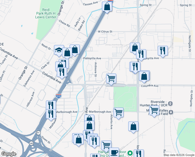 map of restaurants, bars, coffee shops, grocery stores, and more near 1148 Ardmore Street in Riverside