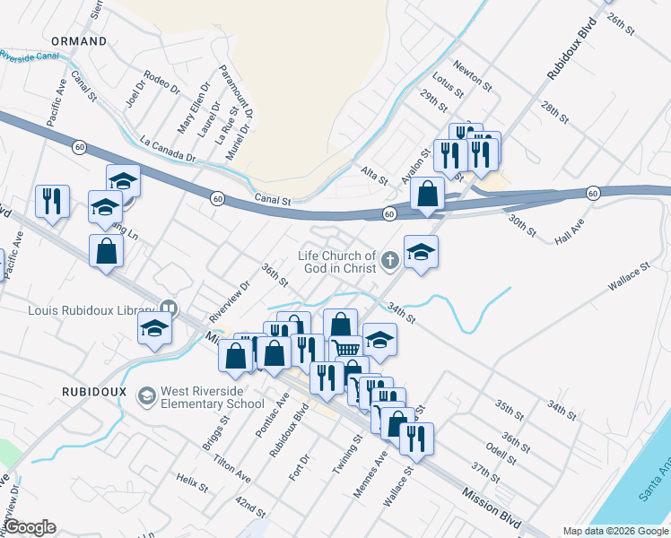 map of restaurants, bars, coffee shops, grocery stores, and more near 5677 34th Street in Riverside