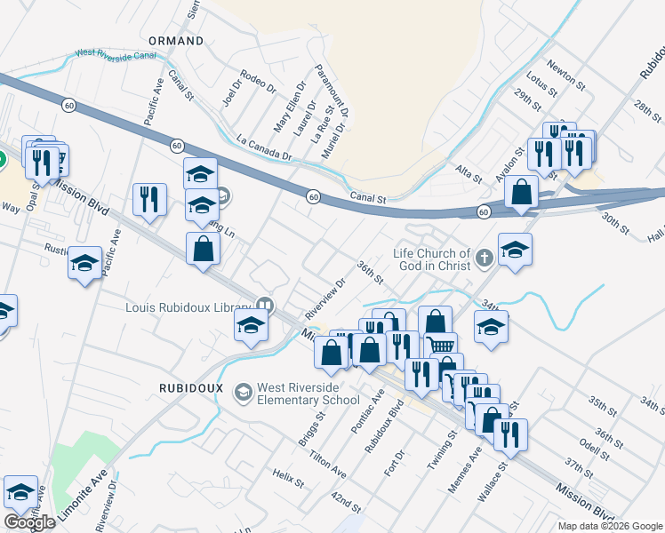 map of restaurants, bars, coffee shops, grocery stores, and more near 3658 Grandview Avenue in Riverside