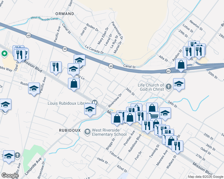 map of restaurants, bars, coffee shops, grocery stores, and more near 3658 Grandview Avenue in Riverside