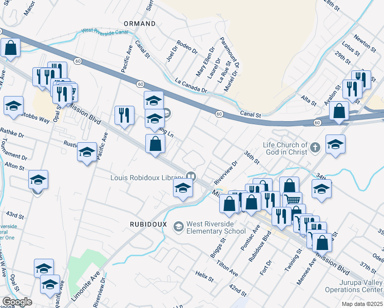 map of restaurants, bars, coffee shops, grocery stores, and more near 3724 La Rue Street in Riverside
