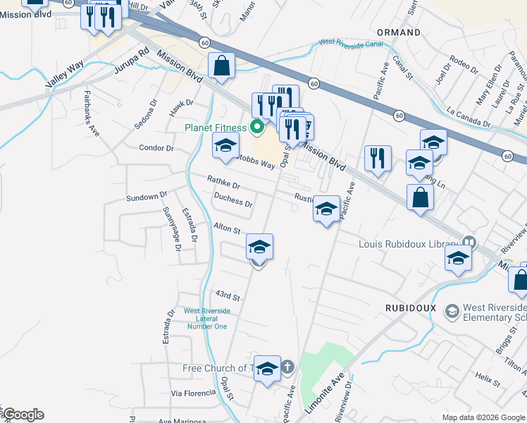 map of restaurants, bars, coffee shops, grocery stores, and more near 4041 Opal Street in Riverside