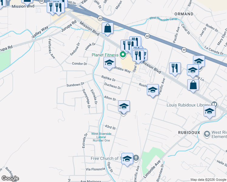 map of restaurants, bars, coffee shops, grocery stores, and more near 6401 Tournament Drive in Riverside