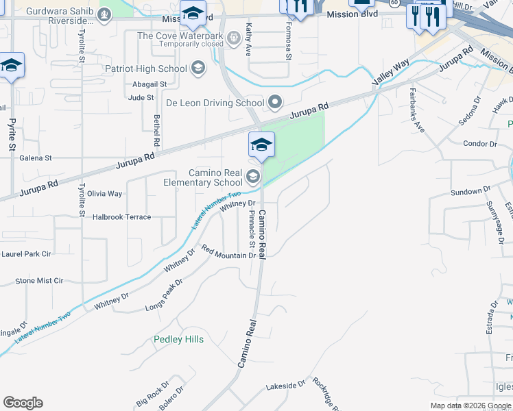 map of restaurants, bars, coffee shops, grocery stores, and more near 4728 Pinnacle Street in Riverside