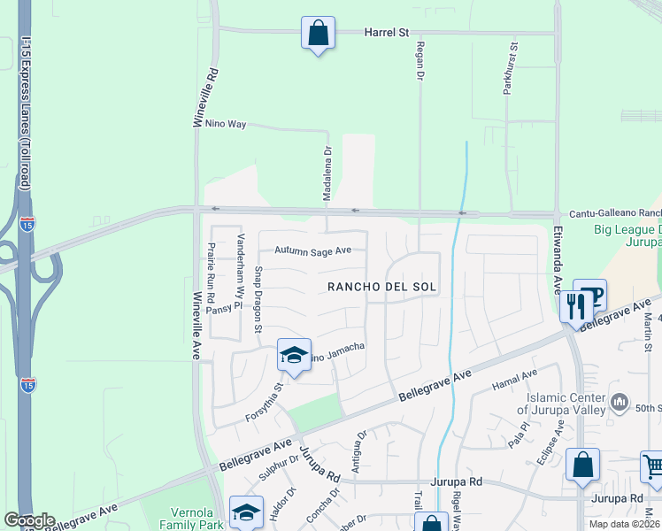 map of restaurants, bars, coffee shops, grocery stores, and more near 11453 Corte Acalanes in Jurupa Valley