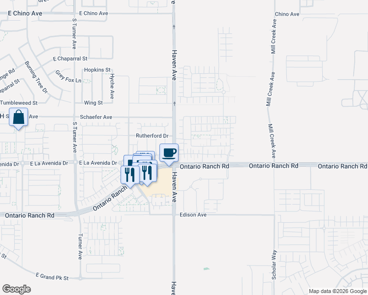 map of restaurants, bars, coffee shops, grocery stores, and more near 13751 South Haven Avenue in Ontario