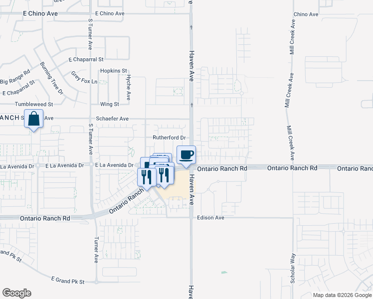 map of restaurants, bars, coffee shops, grocery stores, and more near 3945 Merryvale Way in Ontario