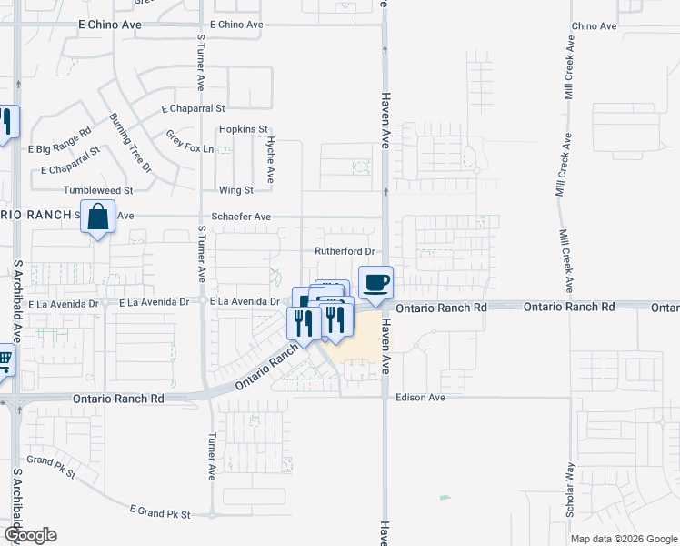 map of restaurants, bars, coffee shops, grocery stores, and more near 3960 Mondavi Way in Ontario