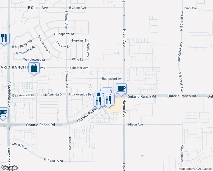 map of restaurants, bars, coffee shops, grocery stores, and more near 3967 Trinitas Way in Ontario