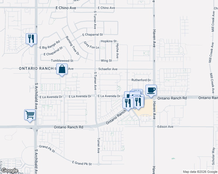 map of restaurants, bars, coffee shops, grocery stores, and more near 3220 Sterling Street in Ontario