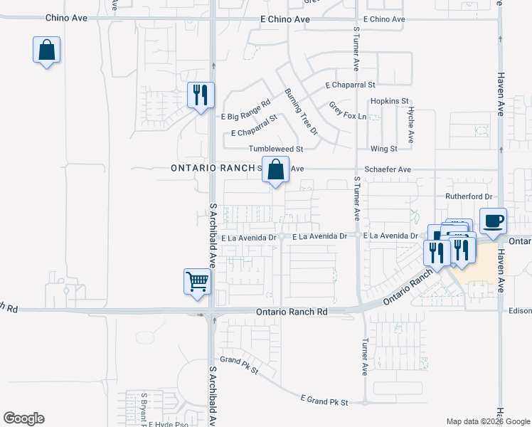 map of restaurants, bars, coffee shops, grocery stores, and more near 3923 Toronto Paseo in Ontario
