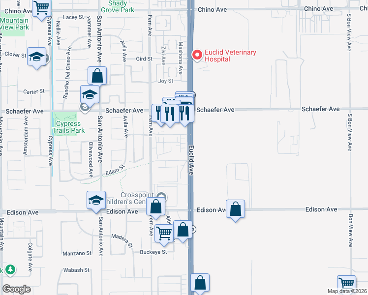 map of restaurants, bars, coffee shops, grocery stores, and more near 13835 Euclid Avenue in Ontario