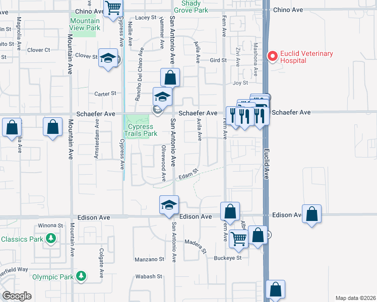 map of restaurants, bars, coffee shops, grocery stores, and more near 6760 Manzanita Street in Chino