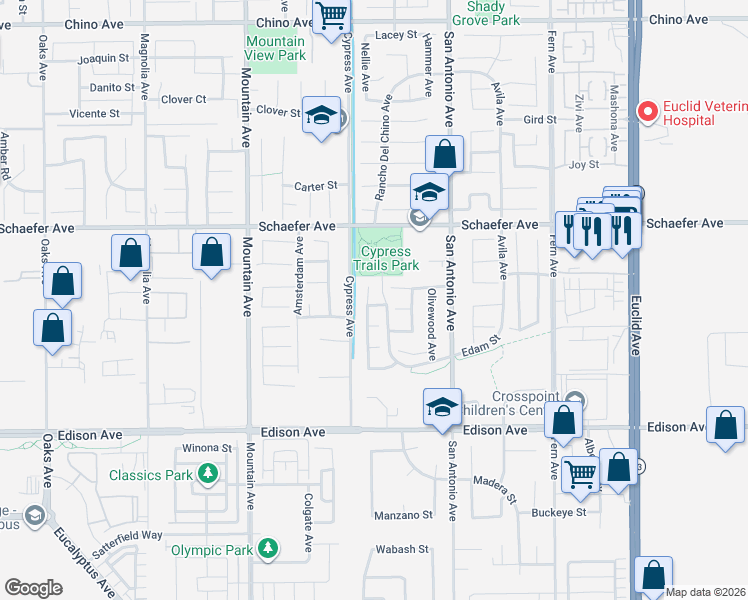 map of restaurants, bars, coffee shops, grocery stores, and more near 6560 Manzanita Street in Chino