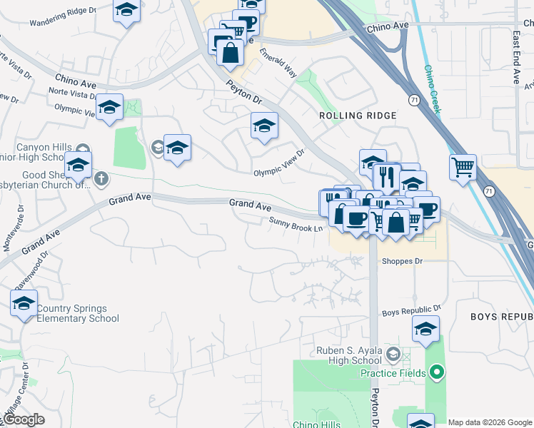 map of restaurants, bars, coffee shops, grocery stores, and more near 2984 Sunny Brook Lane in Chino Hills