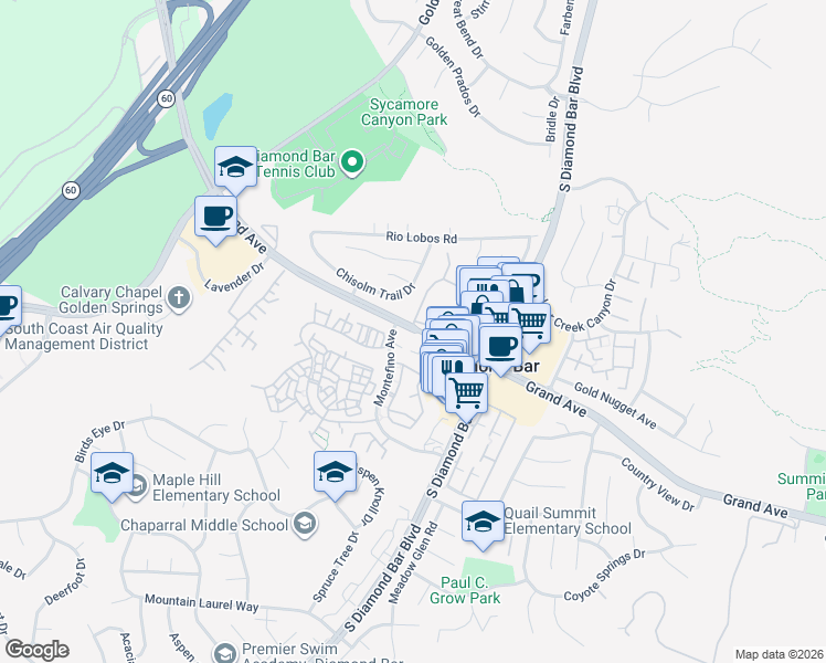map of restaurants, bars, coffee shops, grocery stores, and more near 1041 Grand Avenue in Diamond Bar